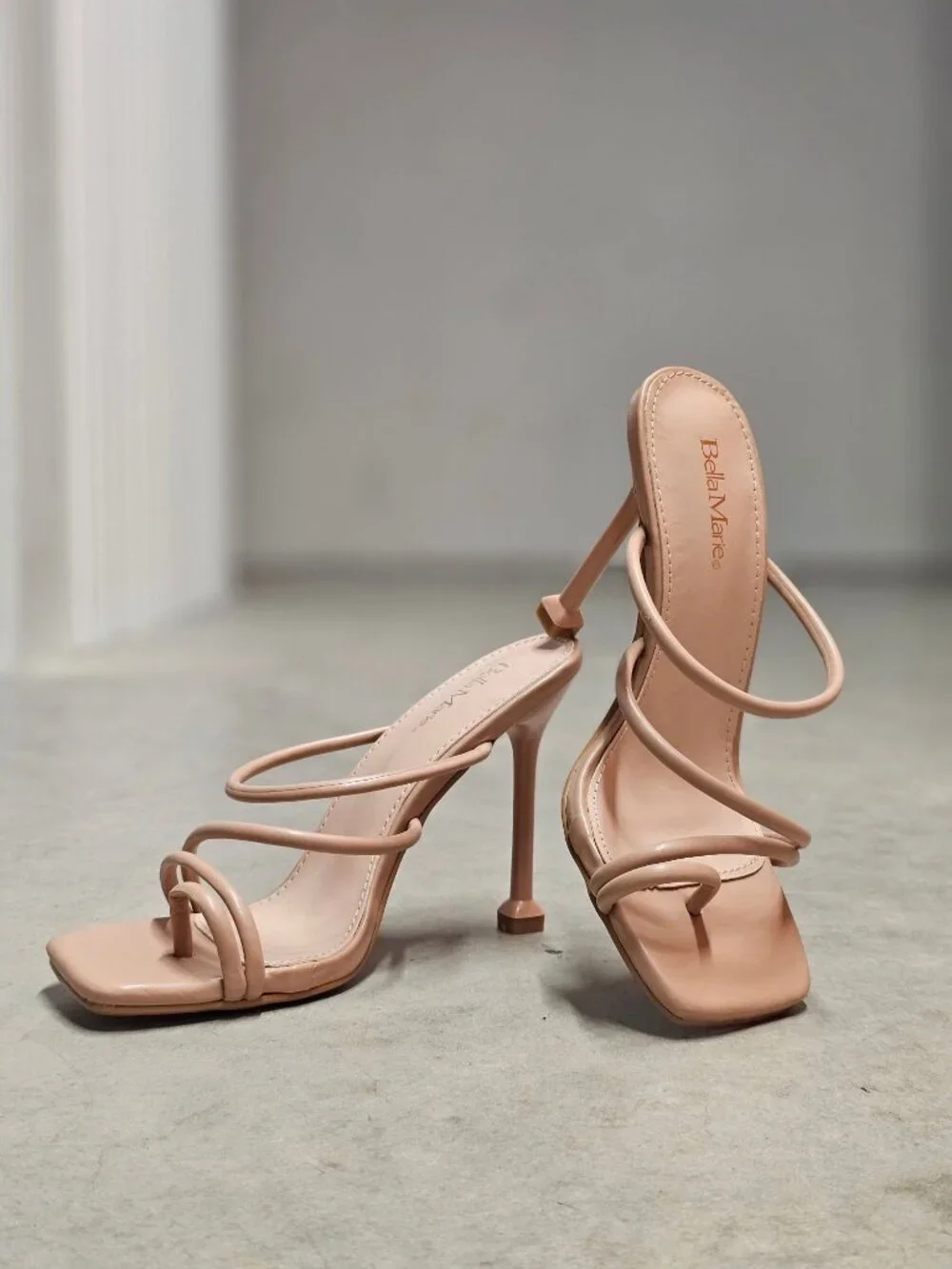 Strappy Nude Stiletto Heel Sandals With Open-Toe Square Design For Women - Picture 7 of 13